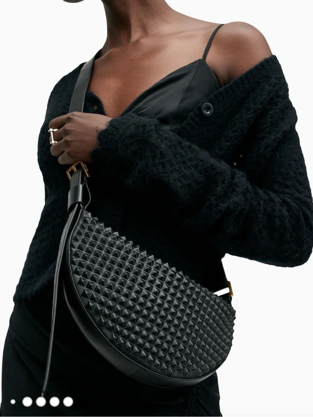 All Saints Black Pyramid-Stud Crescent Moon Shoulder Bag